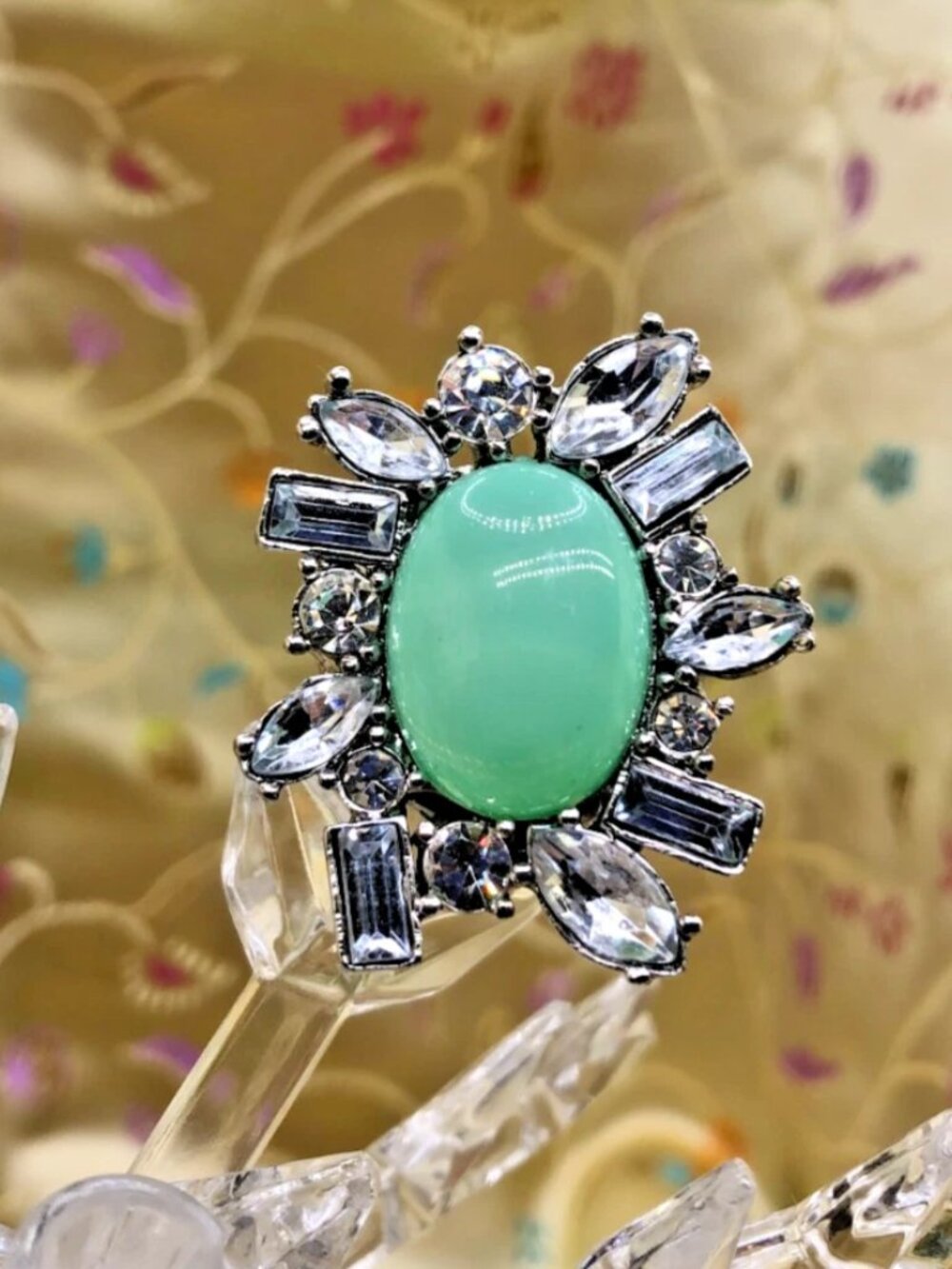 Arnold Scaasi Starburst Cocktail Ring Green Cabochon size 8.5 Vintage, oversize - Picture 6 of 13